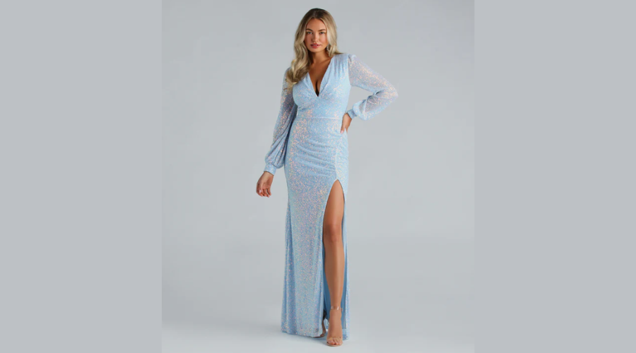 Mona Formal Sequin Long-Sleeve Dress In Light Blue