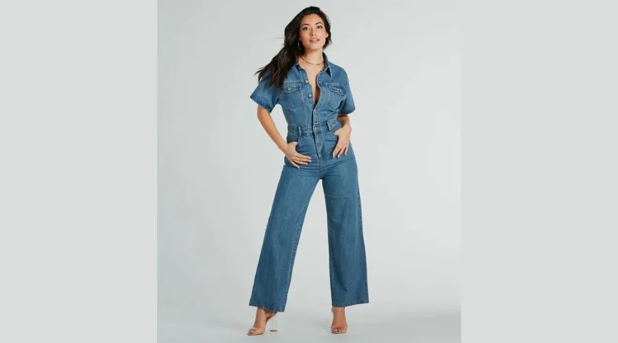One and Done SHort Sleeve Wide-leg Denim Jumpsuit